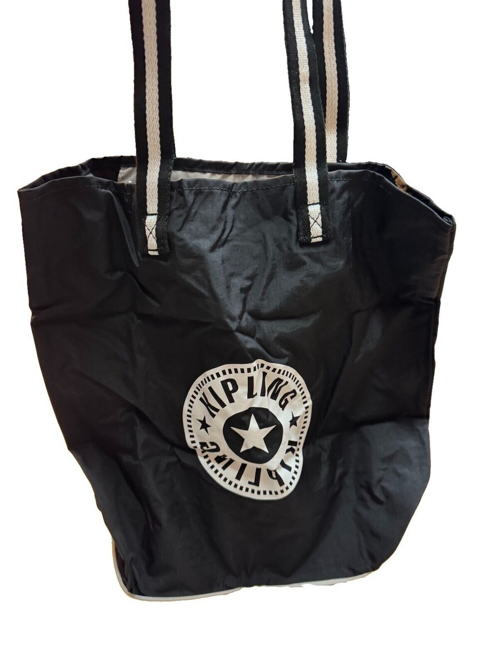 (A2) Kipling Hip Hurray Packable Tote Bag Black White AC7907 Nylon NWT